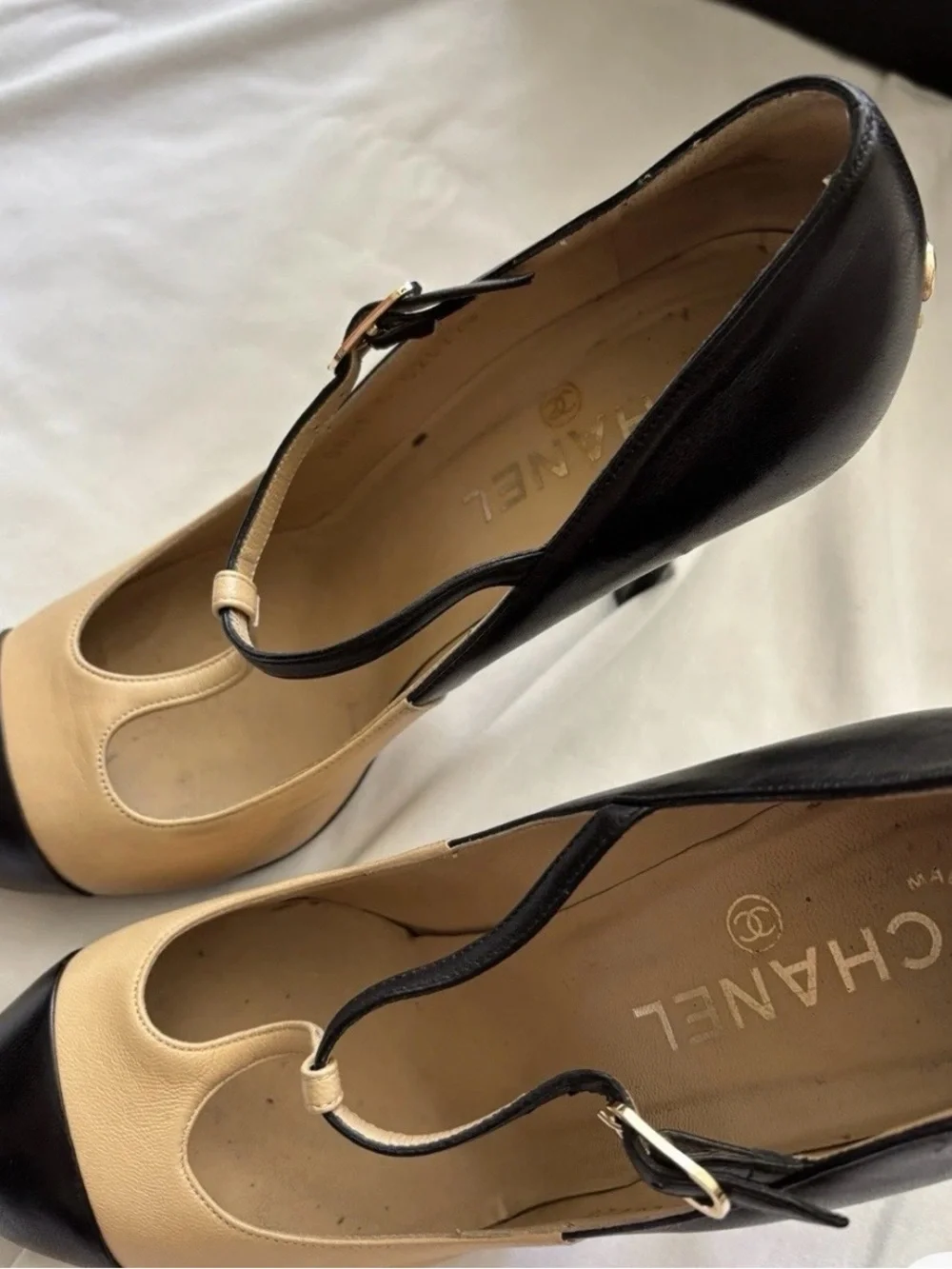 CHANEL Mary Jane Heels Beige/Black Size 37 with box